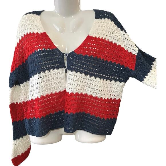 33 Degrees Women's Red/White/Blue Crochet 2 Button Front Cardigan Nautical SZ XL - Picture 3 of 9